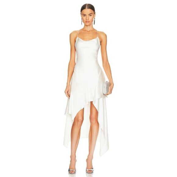 Alice + Olivia Evana Asymmetric Draped Satin-Twill Midi Dress- White, 10 - Picture 1 of 16